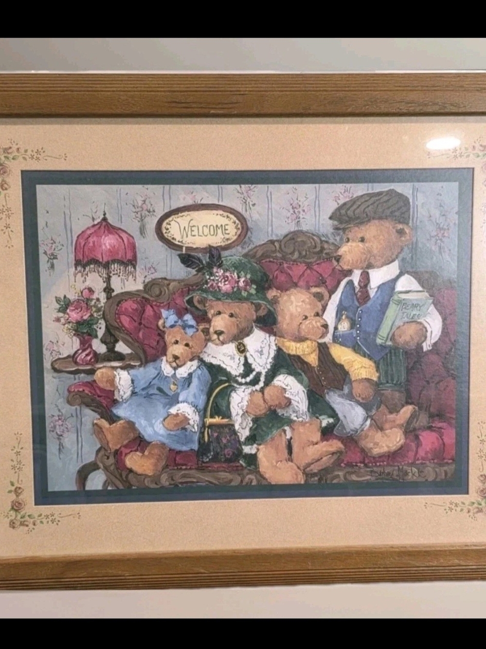 Family of Teddy Bears Framed Wall Art in Pink and Green